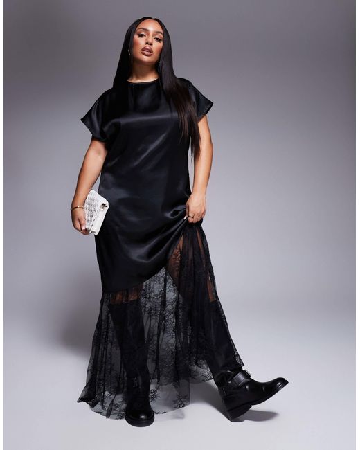 ASOS Black Asos Design Curve Satin And Lace Mix Maxi T Shirt Dress