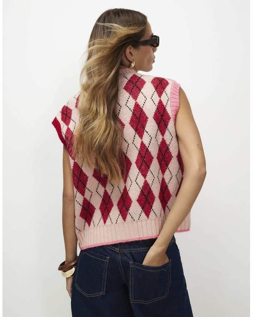 River Island Pink Knitted Argyle Waistcoat