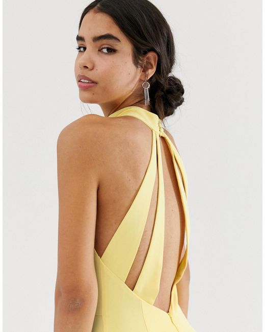jarlo high neck trophy maxi dress with open back detail in lemon