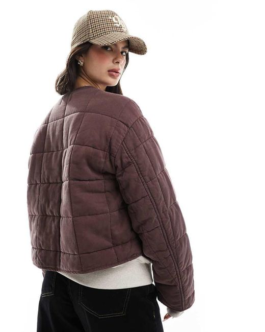 ASOS Purple Crop Collarless Quilted Jacket