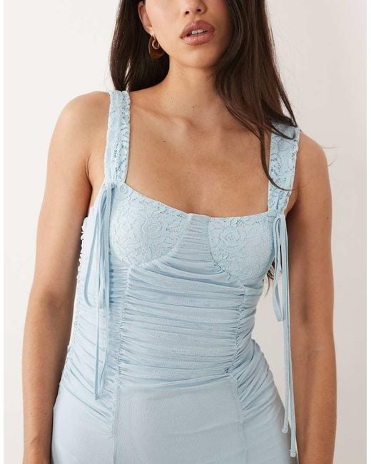 ASOS Blue Lace Mix Balconette Pencil Dress With Godet Details