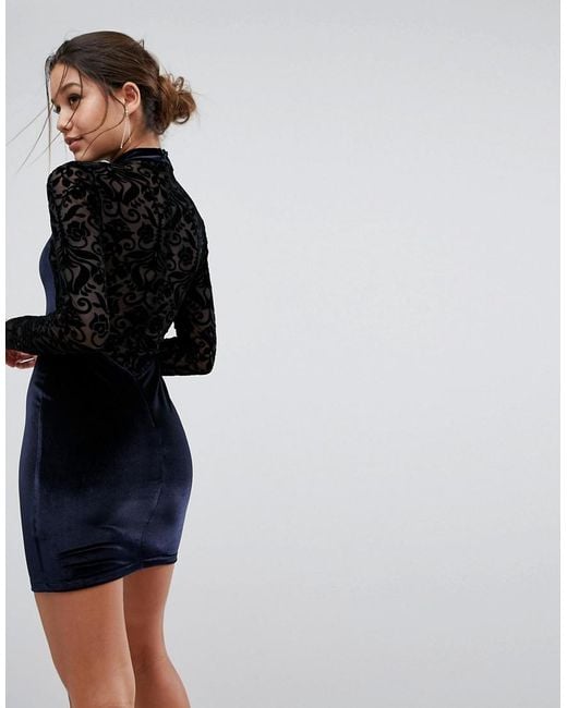 ASOS Blue Asos Velvet & Lace Long Sleeve Bodycon Mini Dress
