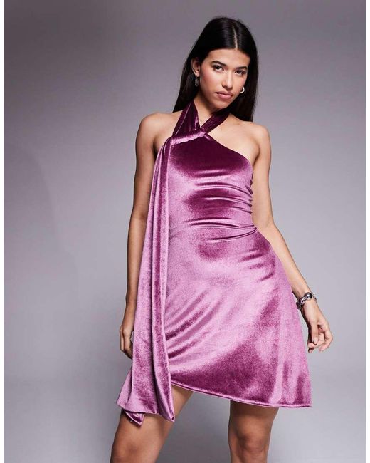 ASOS Pink Velvet Halterneck Skater Mini Dress