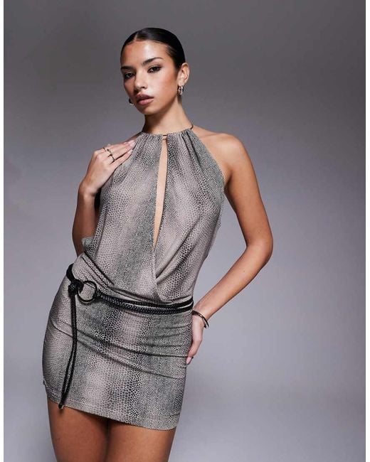 I.AM.GIA Gray Chiva Metal Halterneck Extreme Plunge Open Back Belted Mini Dress