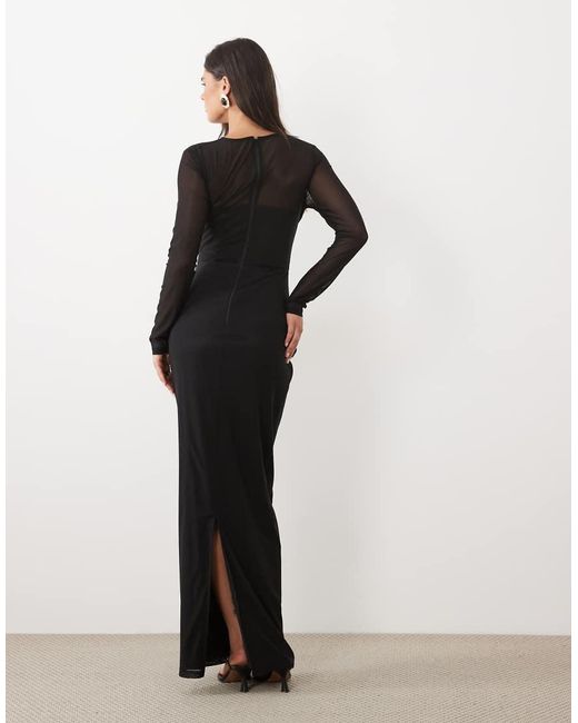 TFNC London Black Mesh Overlay Jersey Long Sleeve Maxi Dress