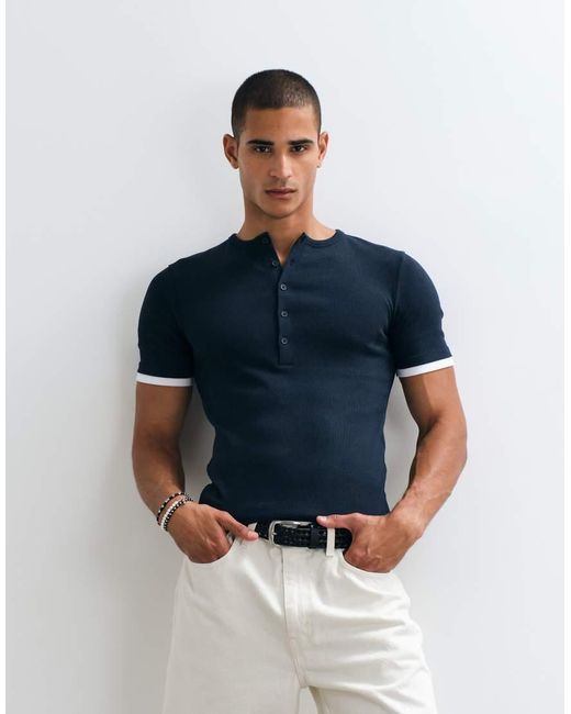 ASOS Blue Muscle Fit T-shirt With Henley Neck And Double Layer for men