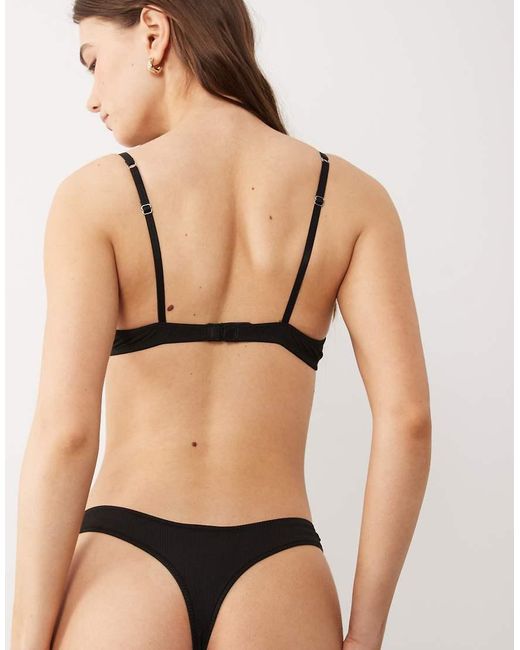 ASOS Natural Nora Rib Knit High Leg Thong With Tab Detail