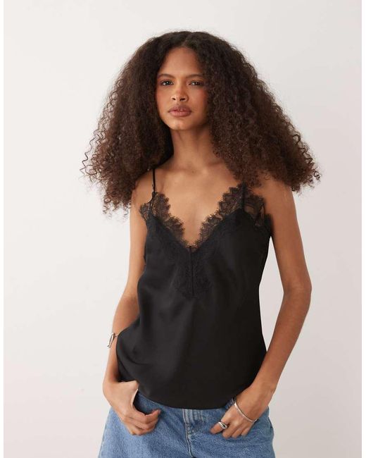 Mango Black Compact Knitted Cami With Lace Trim