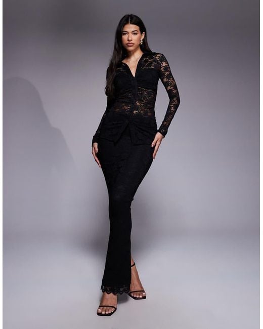 Wanderdoll Black Lacie Plunge Neck Long Sleeve Lace Shirt Co-Ord