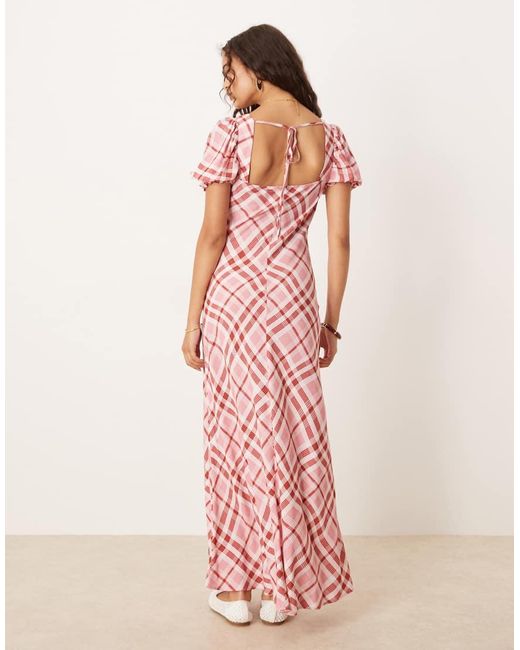 Vestido Midi Rosa A Cuadros Abotonado Con Mangas Abullonadas De ASOS de color Pink