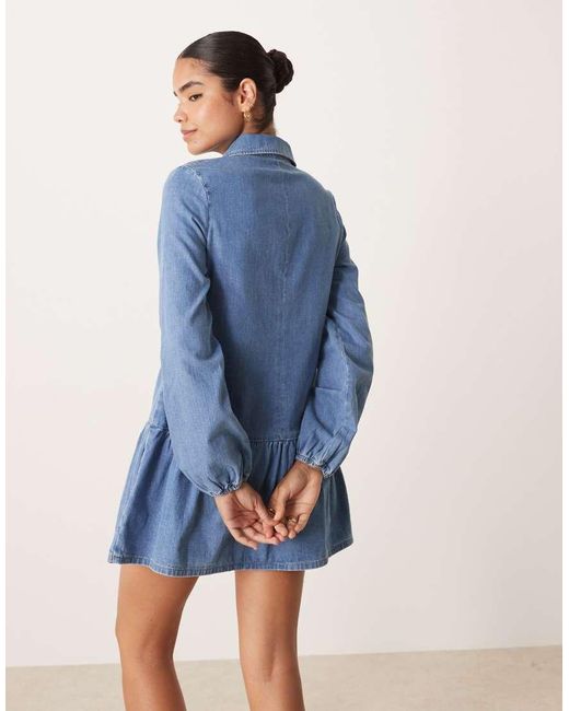 ASOS Blue Denim Dropped Waist Long Sleeve Mini Dress