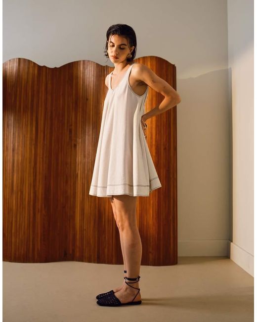 TOPSHOP White Linen Trapeze Mini Dress With Deep Hem