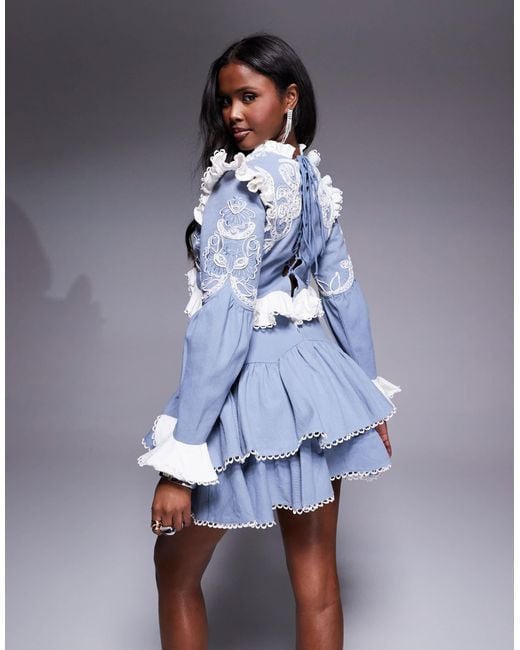 ASOS Blue – besticktes western-minikleid aus baumwoll-twill