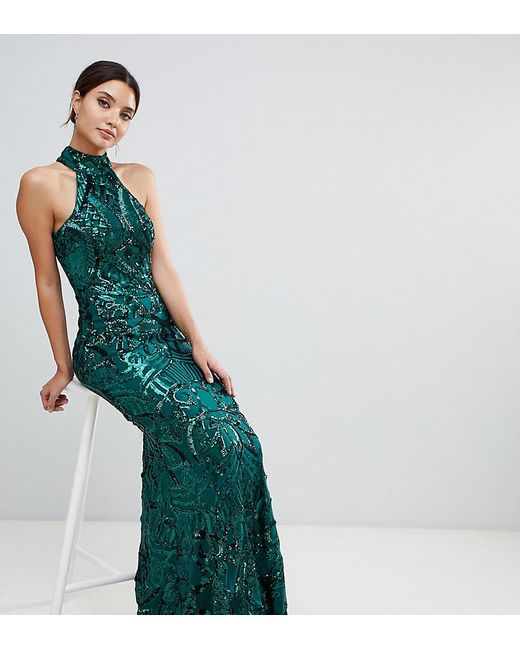 Bariano Green Embellished Maxi Dress With High Neck