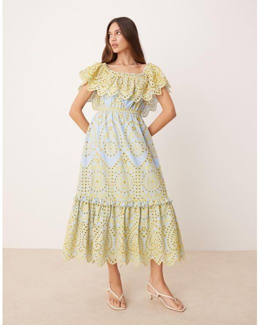 Maya Multicolor Broderie Bardot Midi Dress
