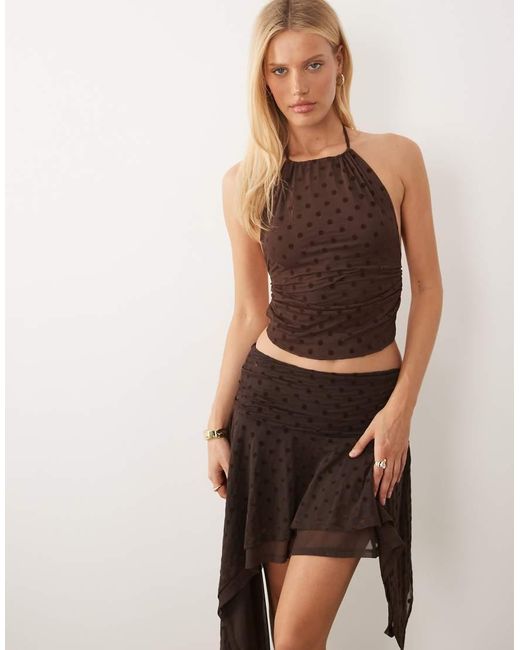 ASOS Brown Co-ord Flocked Polka Dot Blouson Halter Neck Top
