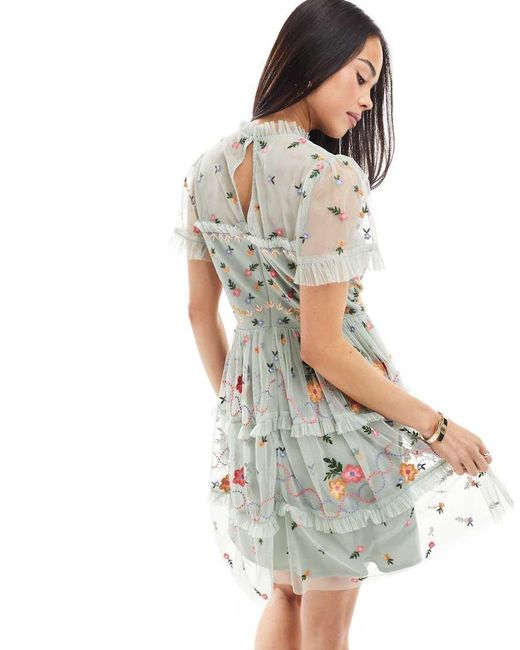 Maya Green Embroidered Short Sleeve High Neck Mini Dress