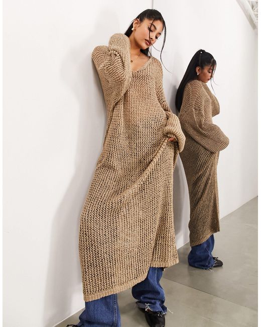 Robe longue oversize en maille ajourée - grège ASOS en coloris Natural