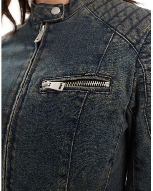 Giacca biker di jeans lavaggio effetto sporco con zip di Pimkie in Black