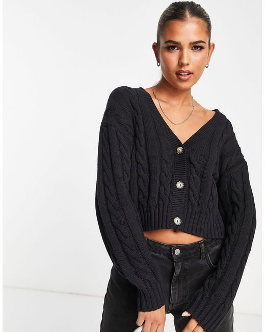 Monki Cotton Cable Knit Cardigan in Black | Lyst