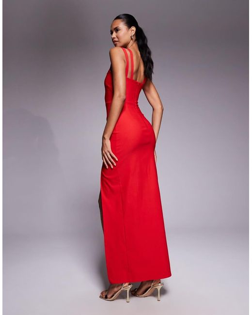 Vesper Red Bengaline Strappy Sweetheart Neck Maxi Dress