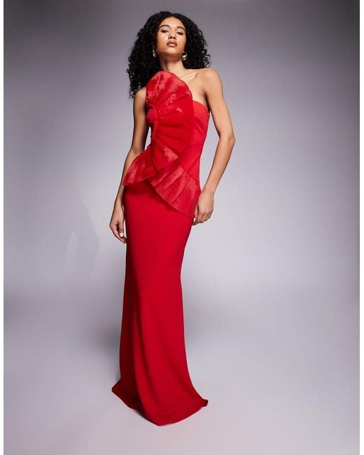 Goddiva Red One Shoulder Pleated Fan Maxi Dress