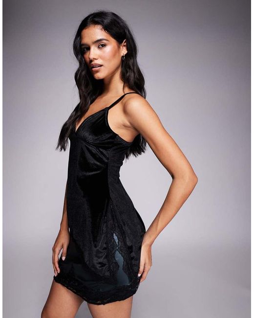 ASOS Black Asymmetric Hem Velvet Cami With Lace Trim Detail