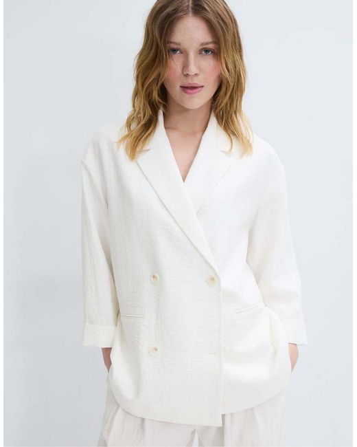 Stradivarius White Flowing Double-breasted Blazer