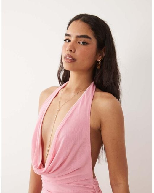 ASOS Pink Plunge Cowl Mesh Maxi Dress With Ruched Drop Waist Detail