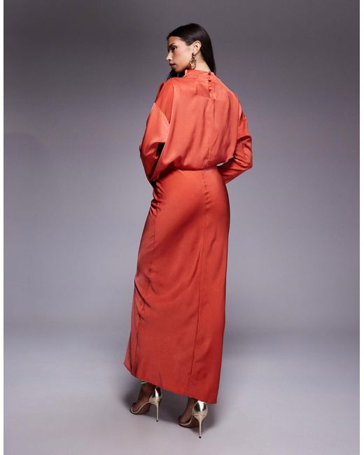 ASOS Red High Neck Bias Satin Maxi Dress With Sleeve Detail