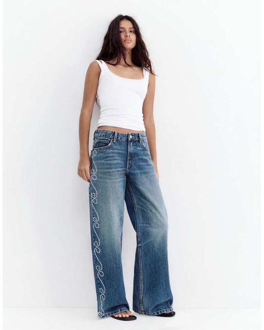 Pull&Bear Blue Straight-leg Jeans With Studs