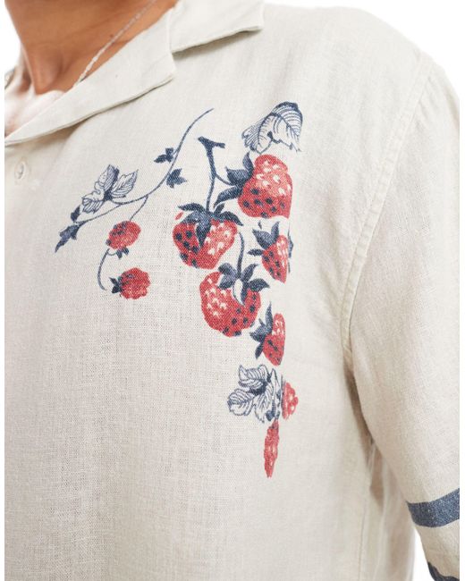 Abercrombie & Fitch White Short Sleeve Fruit Embroidery Revere Collar Linen Shirt for men