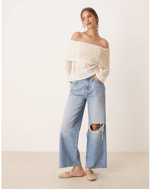 ASOS Natural Crochet Semi Sheer Bardot Top With Asymmetric Hem