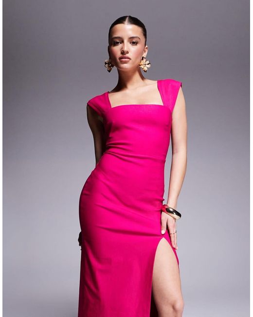 Vesper Bengaline Midi Jurk Met Vierkante Hals En Dijsplit in het Pink