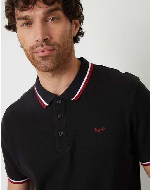Threadbare Black Herringbone Tipping Cotton Pique Polo Shirt for men