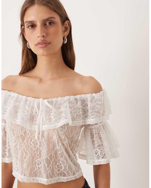 ASOS Natural Sheer Lace Ruffle Bardot Crop Top