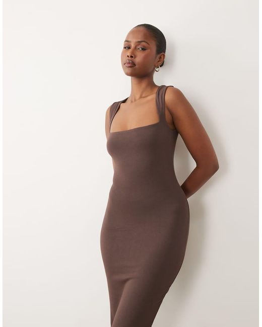 Oh Polly Natural Modal Square Neck Slinky Midi Dress