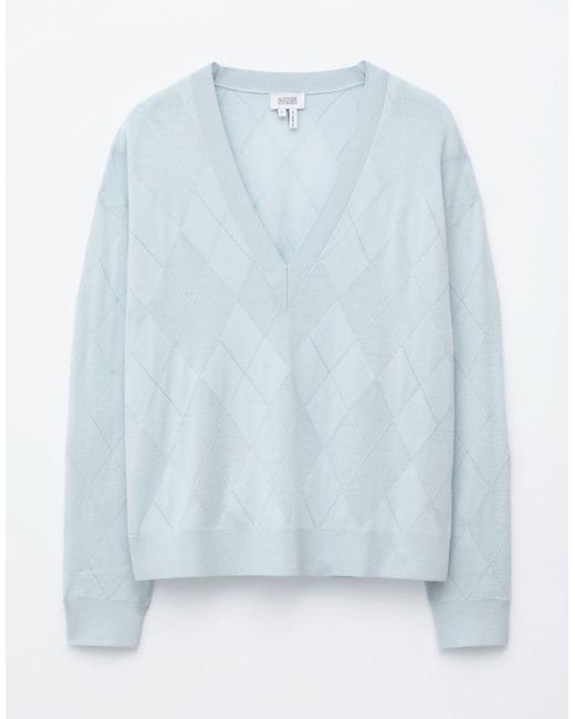 & Other Stories White Pure Merino Wool Deep V-neck Argyle Jumper