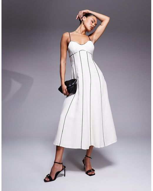 Forever New Gray Contrast Piping Linen Midi Dress