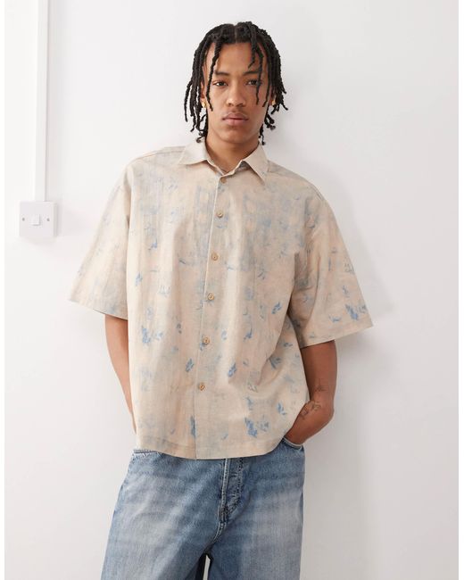 Reclaimed (vintage) Natural Linen Look Short Sleeve Boxy Shirt With Blue Floral Print Details for men
