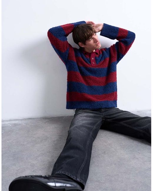 Topman Blue Relaxed Fit Knitted Stripe Polo Jumper for men