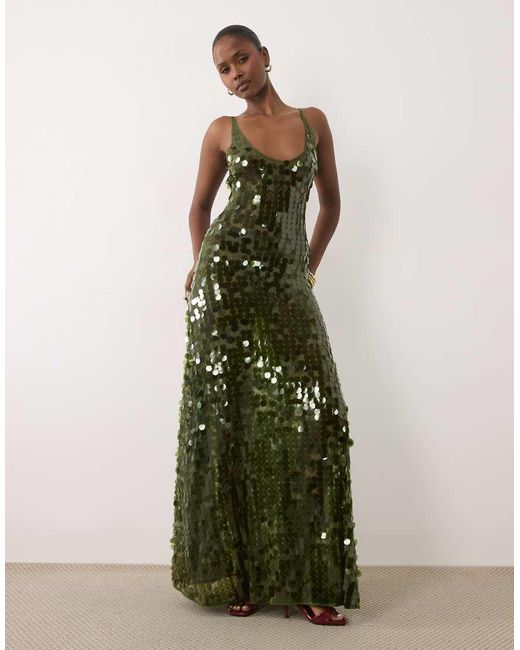 ASOS Green Disc Scatter Sequin Scoop Neck Maxi Dress