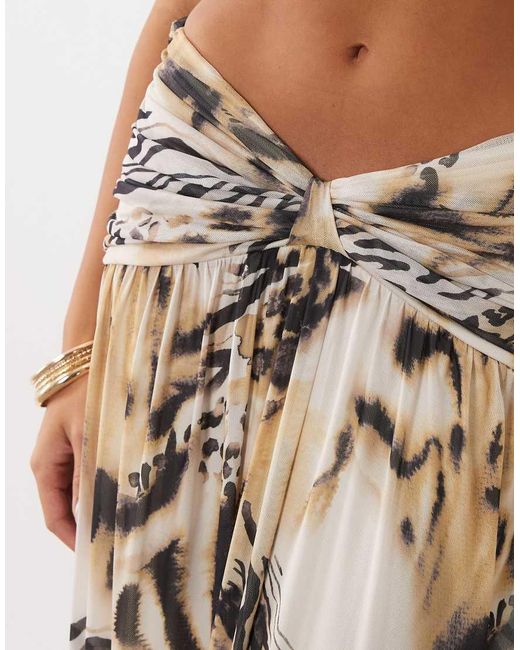 ASOS White Printed Mesh Gathered Waist Maxi Skirt