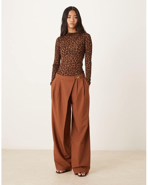 ASOS Brown Tailored Asymmetric Wrap Wide Leg Pants With Buckle Detail