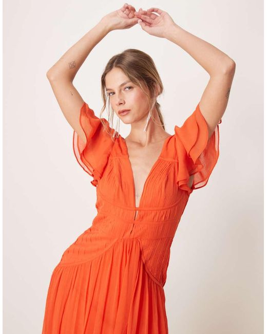 ASOS Red Flutter Sleeve Ruched Maxi Dress With Hi Low Hem