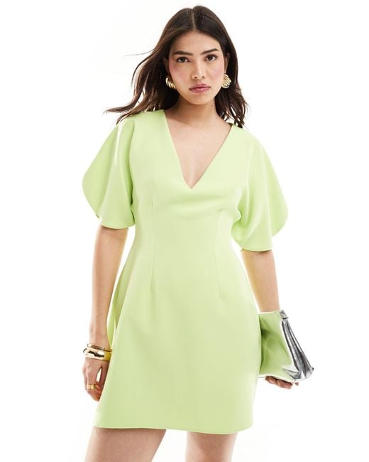 ASOS Green V Neck Volume Sleeve Mini Dress