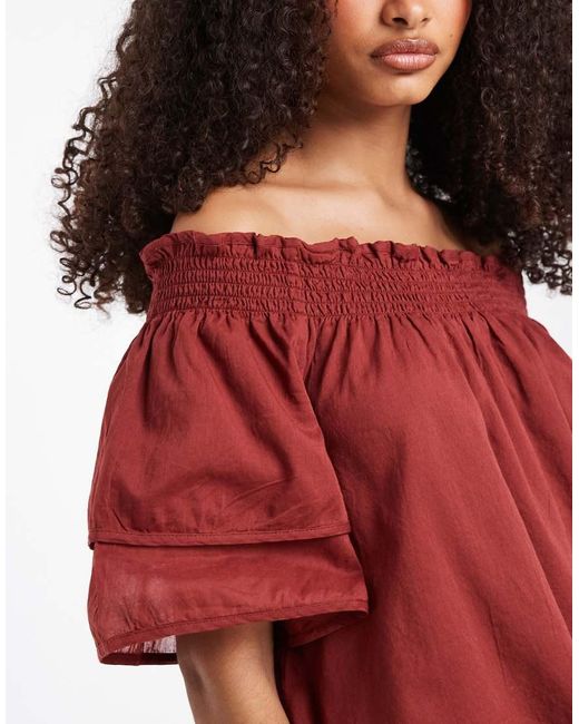 Aware Red Off Shoulder Ruffle Top With Smock Detail