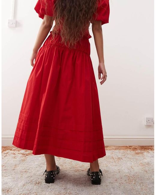 Falda Midi Roja De Estilo Wéstern Con Jaretas De Algodón De (Parte De Un Conjunto) Reclaimed (vintage) de color Red