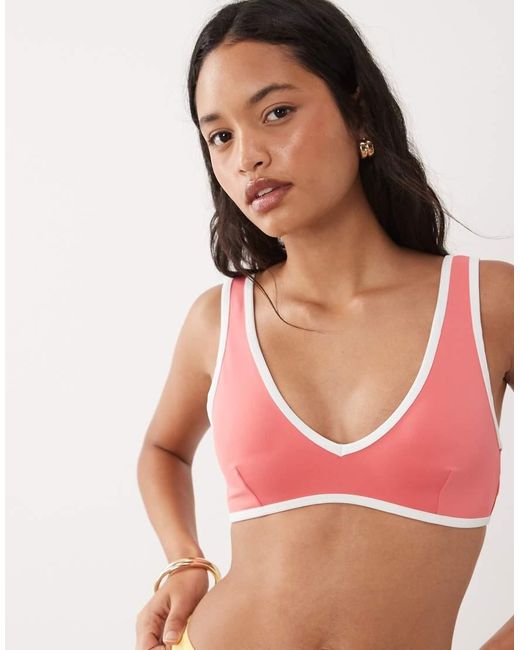 GOOD AMERICAN Red Contrast Detail Deep V Bikini Top Co-Ord