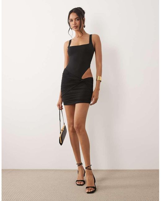 Oh Polly Black Square Neck Cut Out Detail Wrap Skirt Mini Dress